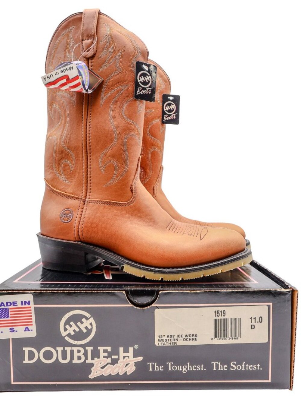 Vintage Double-H Boots Mens 11 D Ochre Leather AG7 Ice Work Western USA 1519 NWB